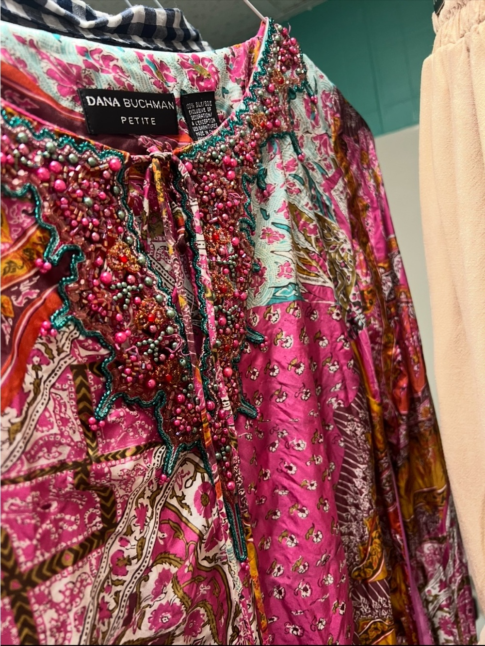 Dana Buchman Hot Pink & Teal Beaded Paisley Pullover Tunic side zipper 100% silk
